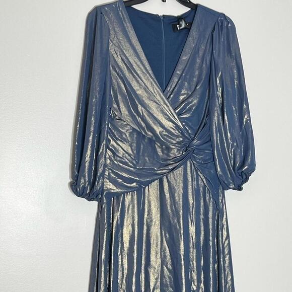 DKNY Iridescent Twisted Balloon-Sleeve evening Sleeve Dress -Denim Gold size 6 - Picture 10 of 12